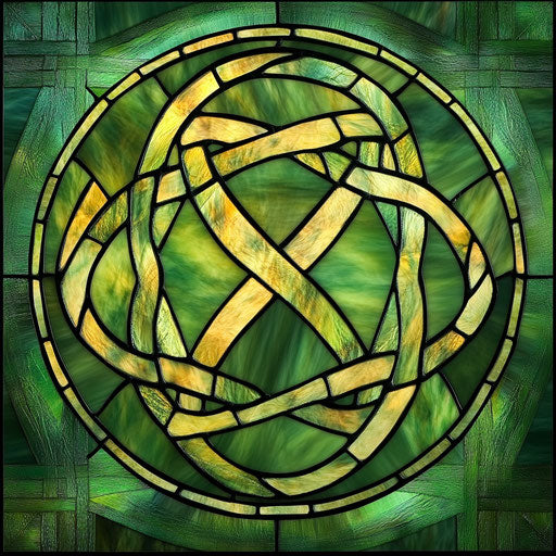 Stained glass with Celtic triquetra motifs in green, symmetrical design