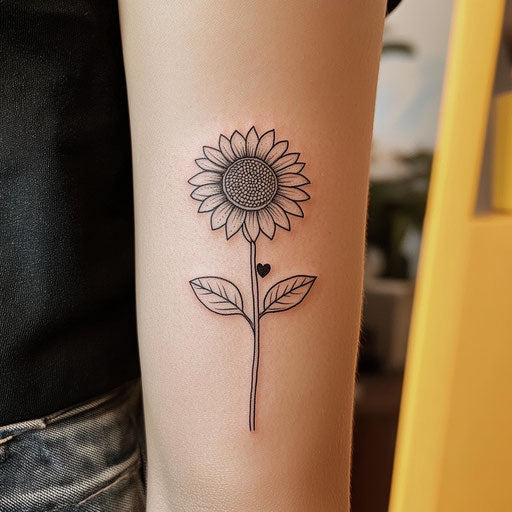 Sunflower tattoo with bold outlines and heart-shaped stem