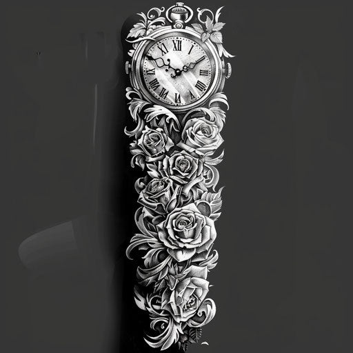 Tattoo sketch of a clock and roses in black and grey, full sleeve for men