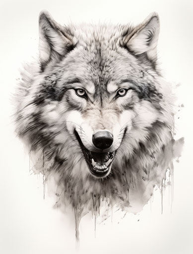 Gray wolf in inkblot style, expressive face, digital art