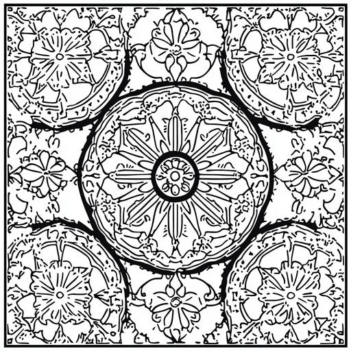 Intricate Islamic tile patterns, in the style of Johanna Basford, Coloring book page