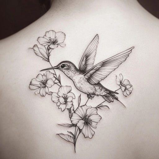 Flat tattoo sketch hummingbird flowers back shoulder
