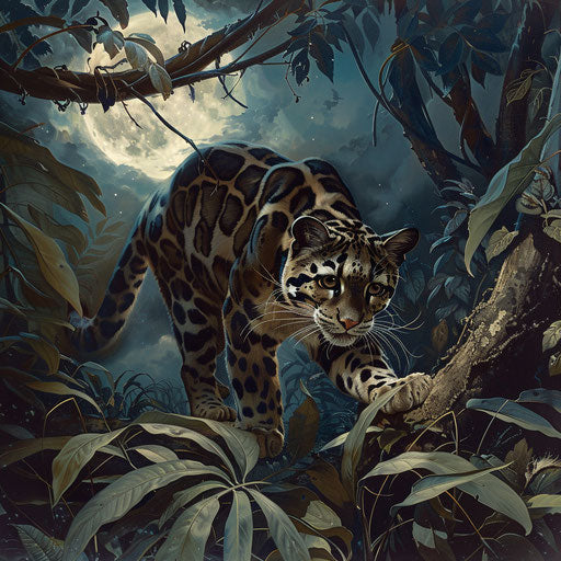 Bornean clouded leopard hunting by moonlight in forest