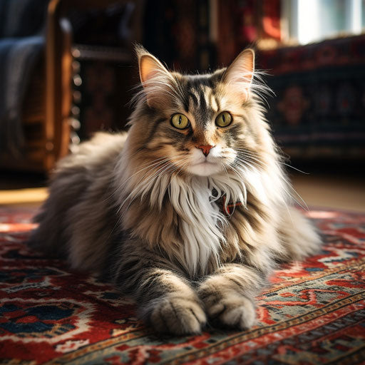 Norwegian forest cat laying on a carpet