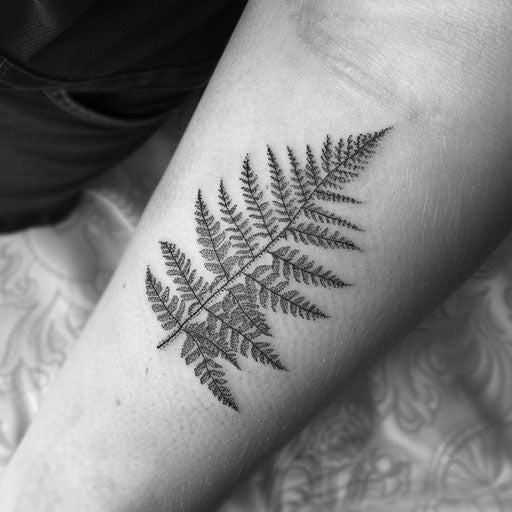 Dotwork fern tattoo on textured white surface