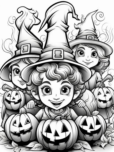 Halloween coloring pages for kids happy Halloween, witchy academia style, caricature faces