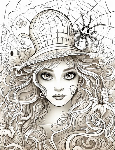 Halloween coloring pages with a witch and a spider
