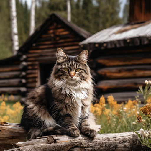 Manx cat sitting in front of a log cabin