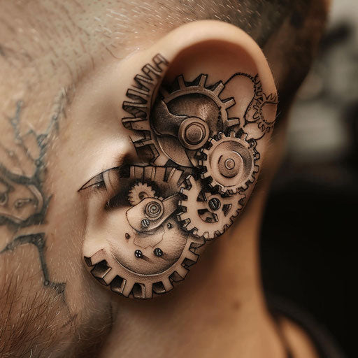 Ear tattoos in Adrian Smith style with mechanical gears