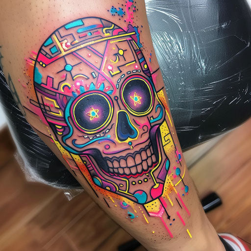 Flat tattoo sketch of a Calavera with bright, neon lights and modern digital effects