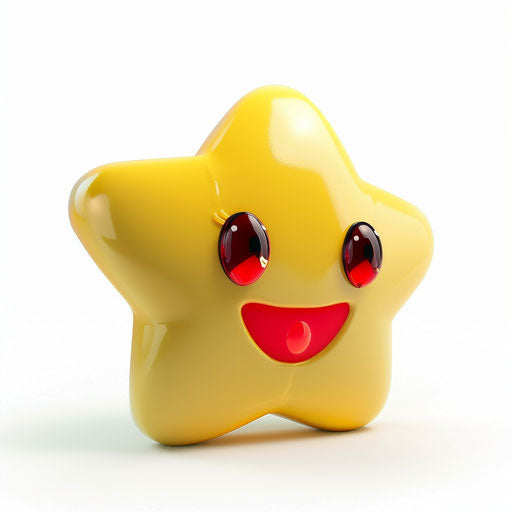 Yellow star with red eyes, smiling character on white background