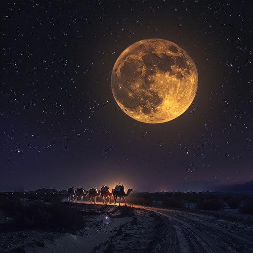 Caravan of camels under the full moon