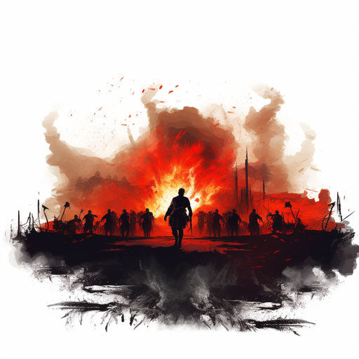 War illustration in the style of Chiaroscuro Art, on white background