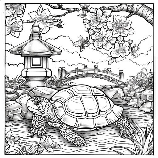 A cute turtle in a Japanese garden with cherry blossoms