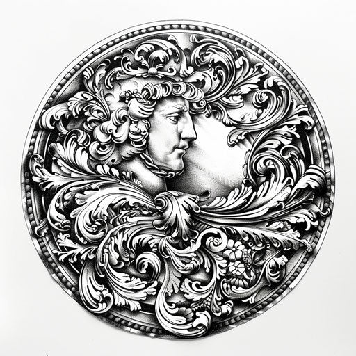 Modern tattoo design of Roman coin on white background