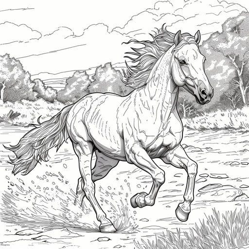 Wild horse running free, detailed view, coloring book page