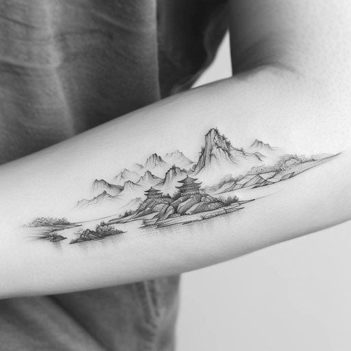 Korean landscape in black and gray ink on white background