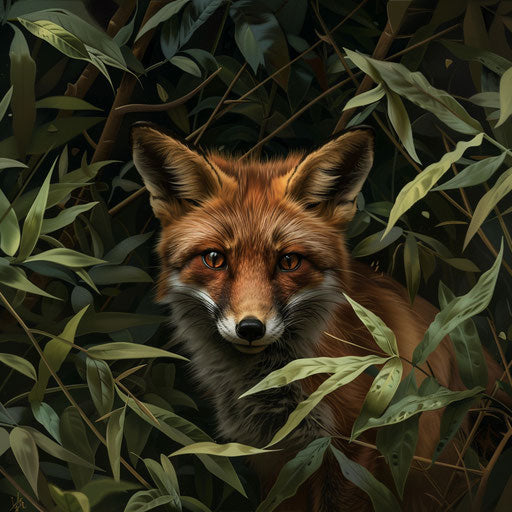 Red fox emerging from dense foliage