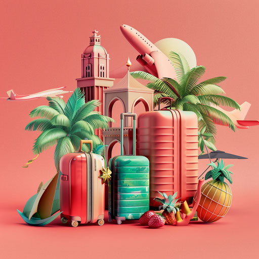 Realistic travel clipart on flat, vibrant coral background