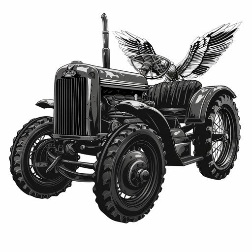 Illustration of tractor in photorealistic style with flat random background, monochrome palette and detailed wings