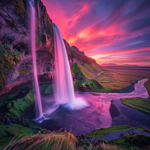 Icelandic waterfall at sunrise with vibrant colors