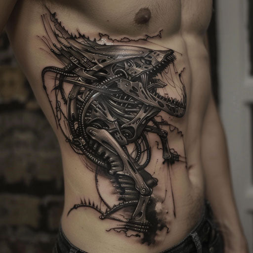 Men's rib tattoos sci-fi aesthetics
