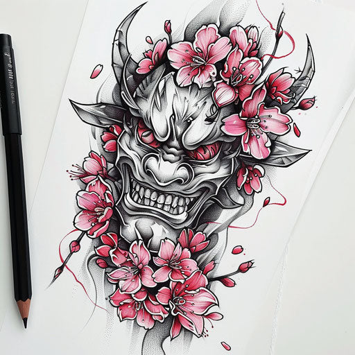 Elegant tattoo sketch of a Hannya mask with cherry blossoms