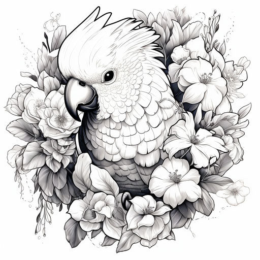 Cockatoo and flowers, mythological symbolism style, tattoo