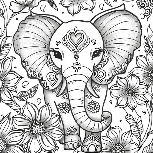 Stylish elephant with flowers - Coloring book page