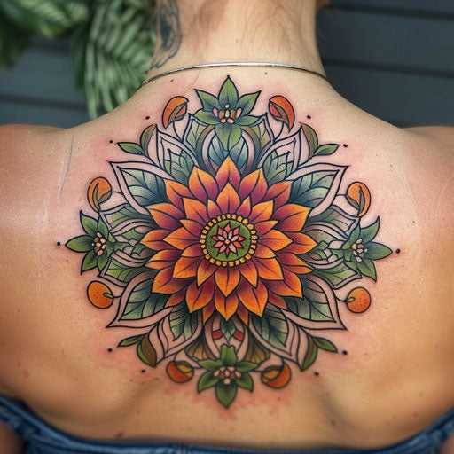 Wildflower mandala tattoo, intricate patterns, bright colors