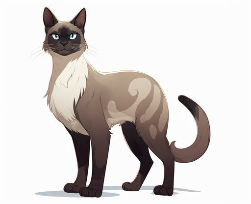 A siamese cat standing on a white background, in the style of northern and southern dynasties, cryptid academia, dark maroon and light beige, tenebrism effects, bold colorism, spiritcore, petcore 31:25