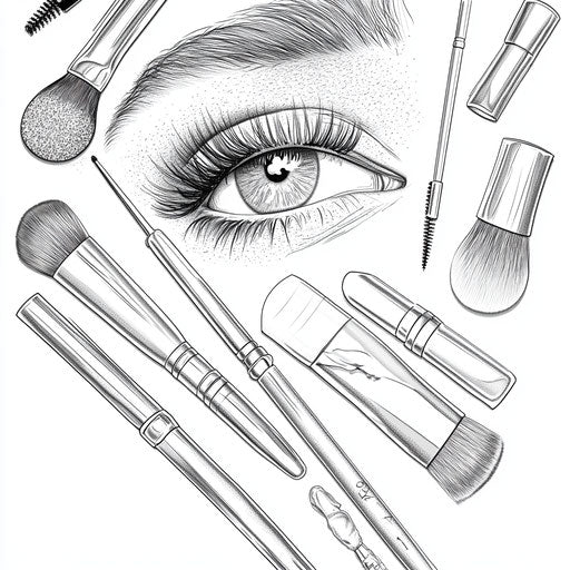 Realistic makeup collection with fine details and shading, in the style of Stephen Wiltshire, Coloring book page
