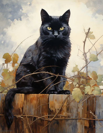 Black cat sitting on a fence outside, stonepunk style, suspended/hanging, handsome, concore, staining, toraji 24:31