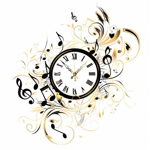 Musical notes forming clock outline with treble clef hand