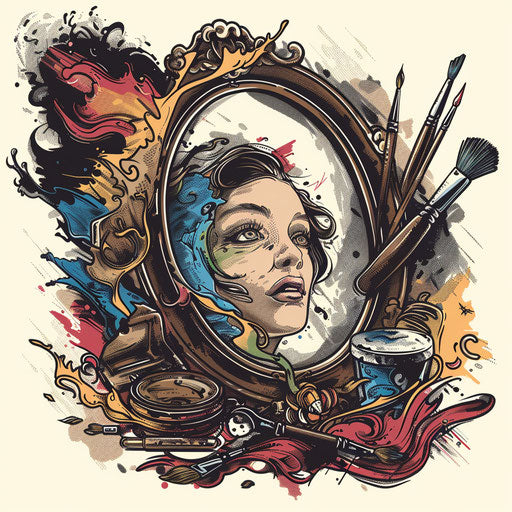 Inspired tattoo sketch of a mirror reflecting a muse, with artistic tools and a canvas, in a palette of inspiring colors, in a creative clipart style