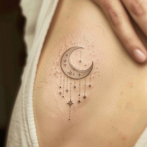 Contemporary fine line tattoo design of a delicate crescent moon with falling stars, on white