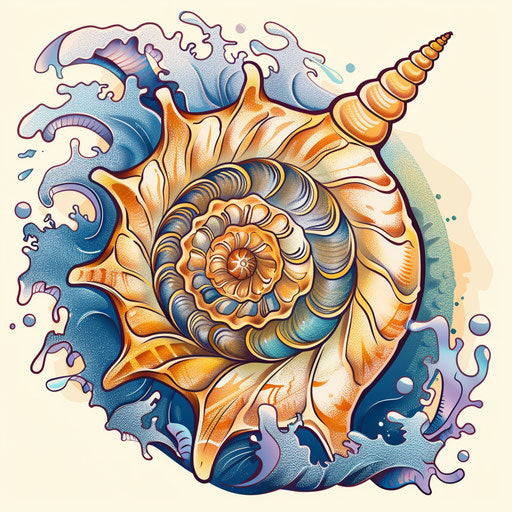 Exotic flat tattoo sketch of a seashell spiral, sandy beiges and ocean blues, clipart design