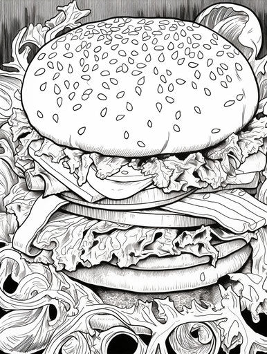 Drawing of a burger coloring page with sandwich, multilayered texture