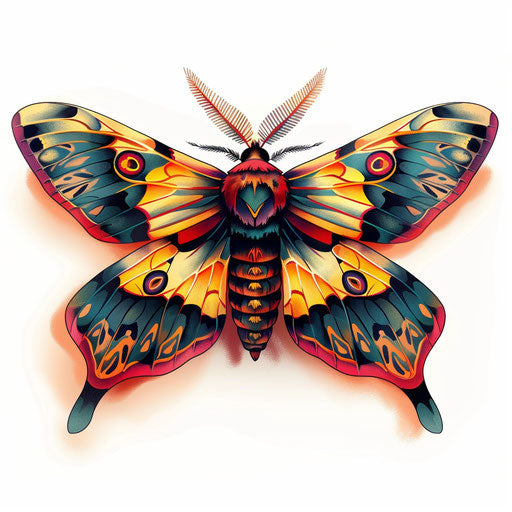 Detailed illustration of death moth tattoo with vibrant colors on white background