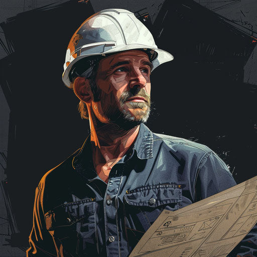 Engineer clipart rendered in realistic style on a flat, dark charcoal background, accentuating dramatic contrast and intricate detail