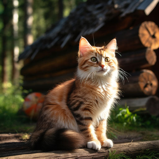 Manx cat sitting in front of a log cabin