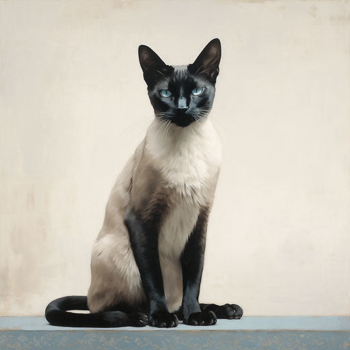 Siamese cat on white background, dark indigo and light beige style