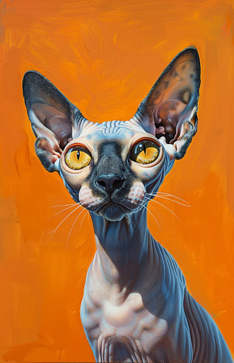 Sphynx cat on orange background, light beige and dark azure style