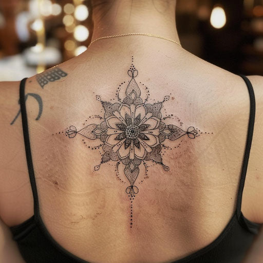 Elegant flat tattoo sketch of a mandala created with intricate dot work