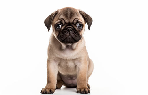 Pug puppy: cute and creative on white background