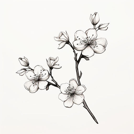 Two small flowers on a branch in black and white print