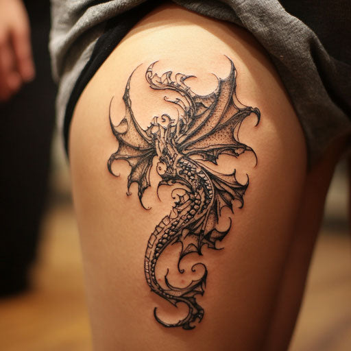 Tribal dragon tattoo on back of thigh