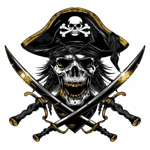 Adventurous flat tattoo sketch of a pirate skull with crossed swords, black and gold, clipart style