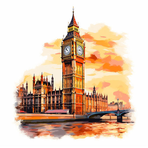 Big Ben illustration in the style of oil painting, on a white background