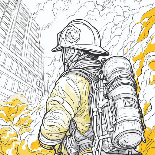 Firefighter battling flames in a city